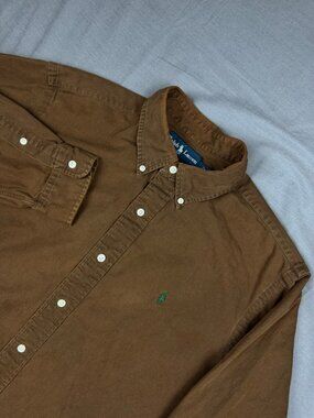 Vintage Ralph Lauren Button Down Shirt Classic Fit Cotton Mens Large Brown Pony